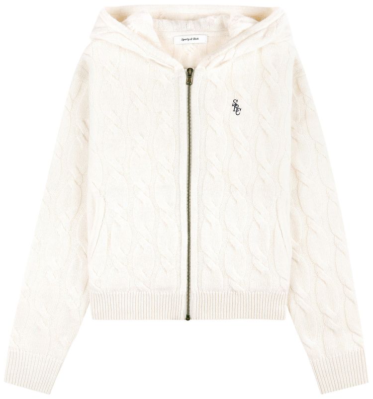 Sporty  Rich SRC Cable knit Wool Cashmere Zip Hoodie Cream