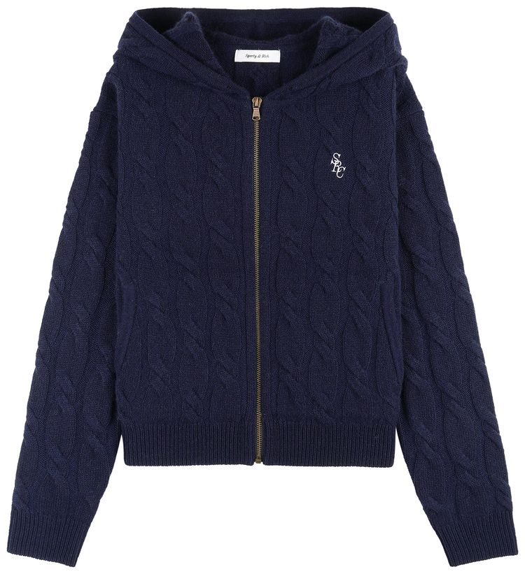 Sporty  Rich SRC Cable knit Cashmere Zip Hoodie Navy