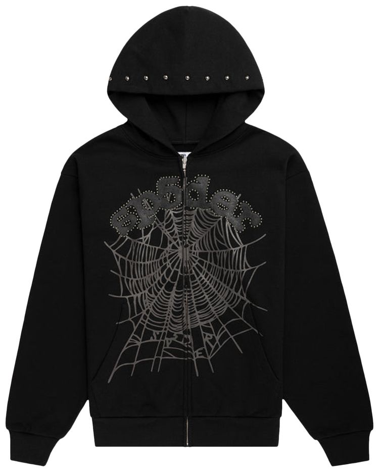 Sp5der OG Web Studded Zip Hoodie Black