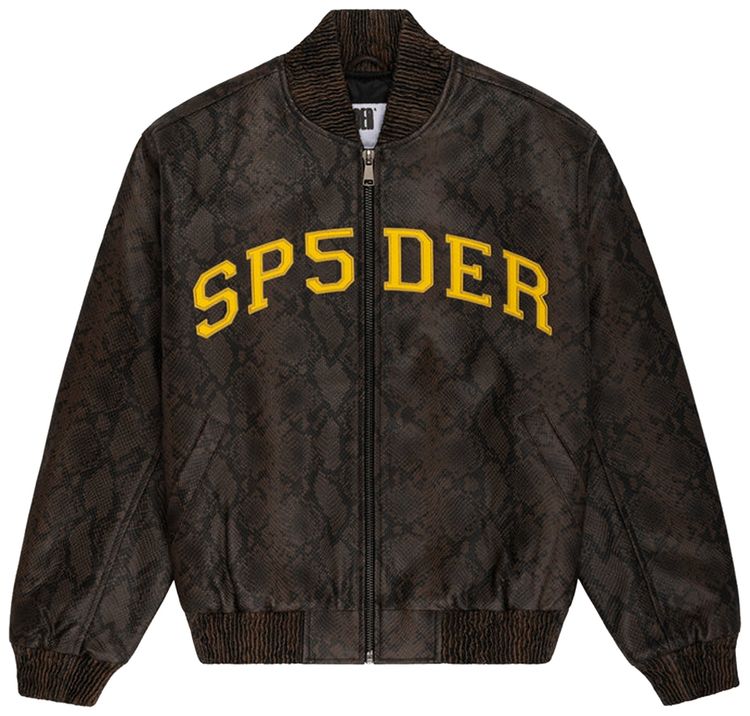 Sp5der Snake Leather Varsity Bomber Jacket Brown