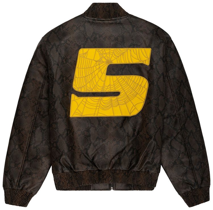 Sp5der Snake Leather Varsity Bomber Jacket Brown