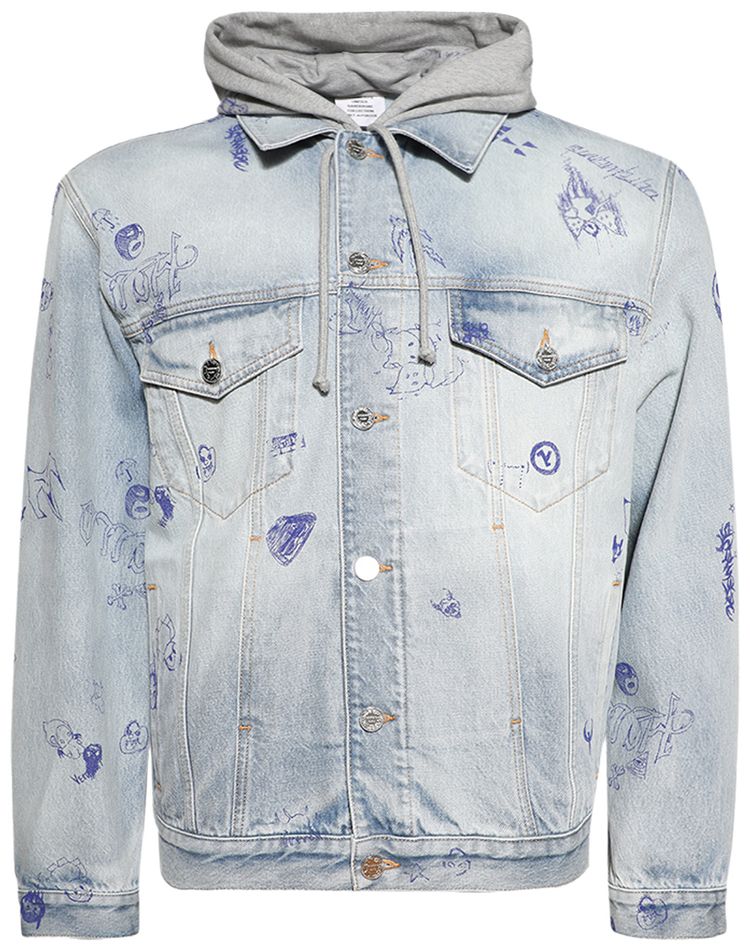 Vetements Scribbled Hooded Denim Jacket Light Blue