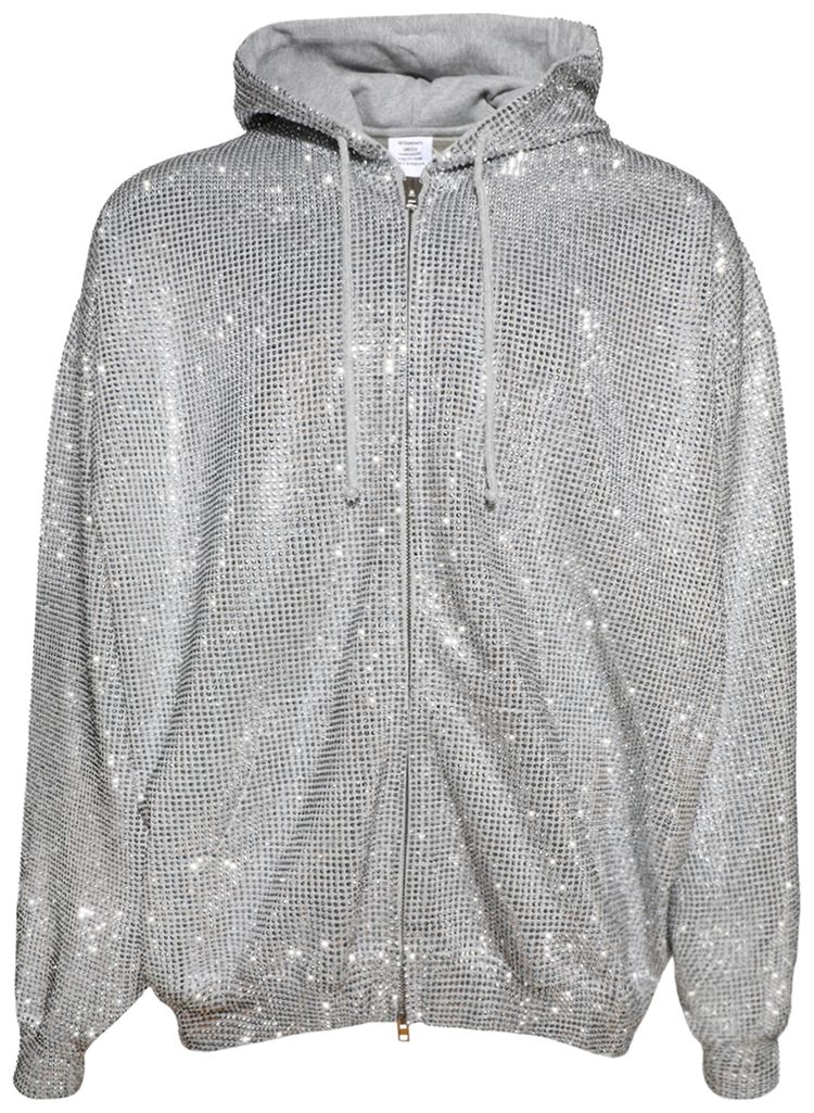 Vetements Iced Out Oversized Zip Up Hoodie Grey MelangeCrystal