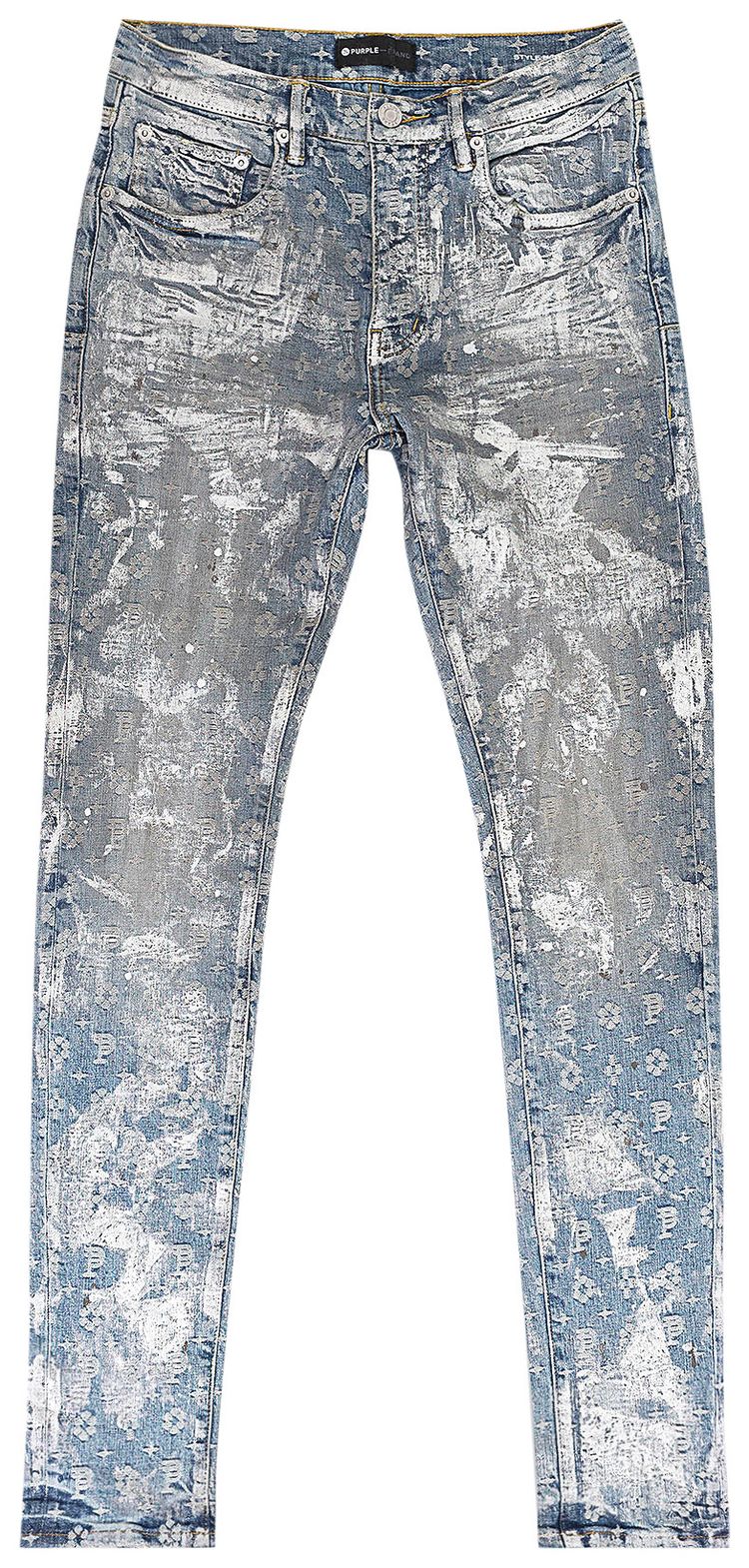 PURPLE BRAND Jacquard Monogram Skinny Jeans Holographic Indigo