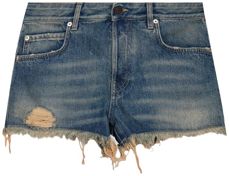 Balenciaga Logo Frayed Denim Shorts Blue Rust