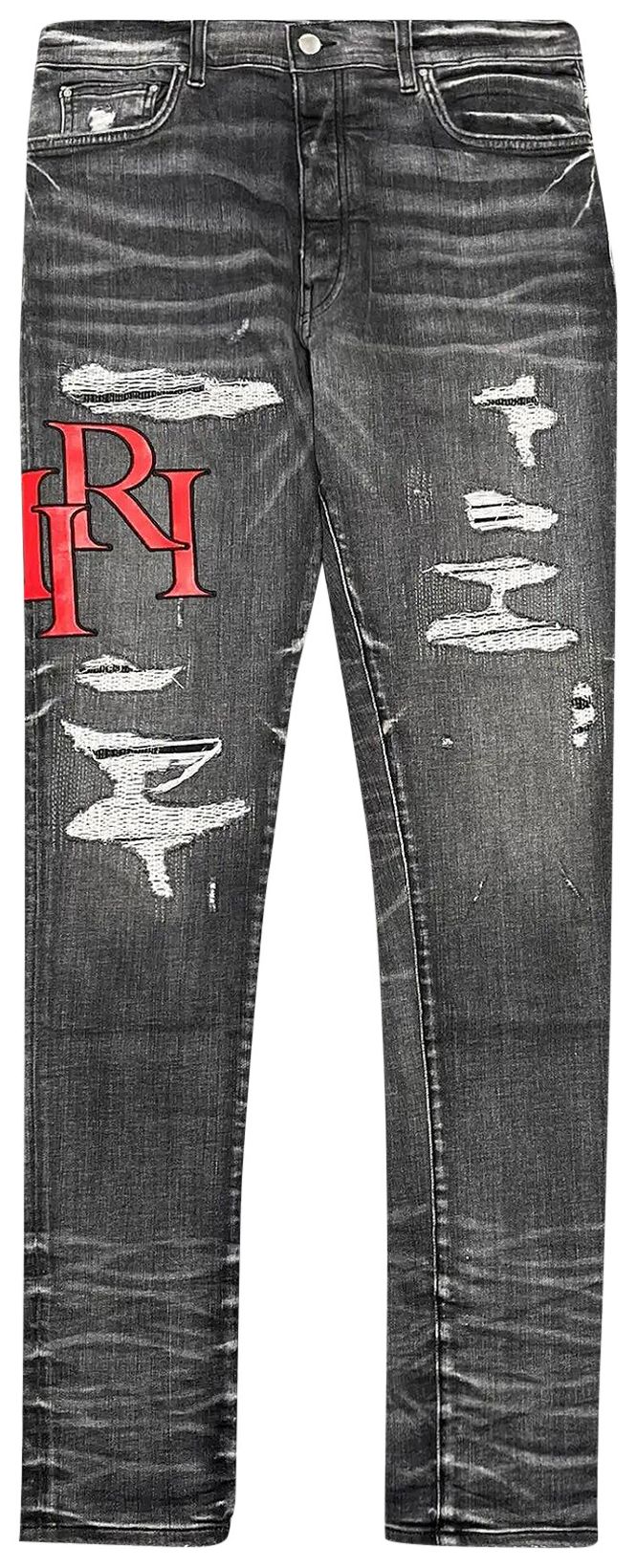 Amiri Staggered Logo Distressed Skinny Jeans Rain Grey