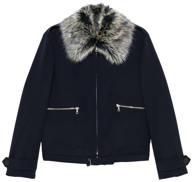 Dries Van Noten Faux Fur Collar Wool Bomber Jacket Navy