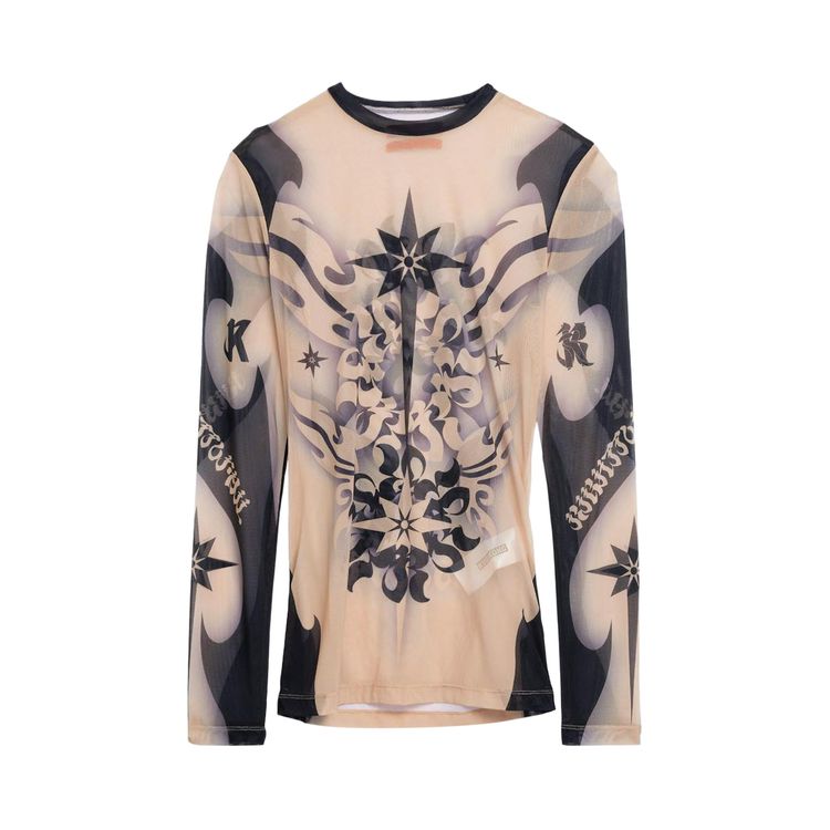 KUSIKOHC Tattoo Graphic Long Sleeve Mesh Tight Top White