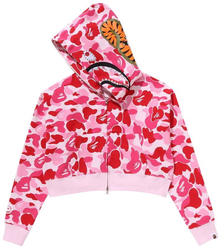 BAPE ABC Camo Crystal Stone Shark Cropped Full Zip Hoodie Pink