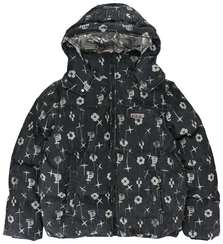 PURPLE BRAND Printed Corduroy Puffer Jacket Black
