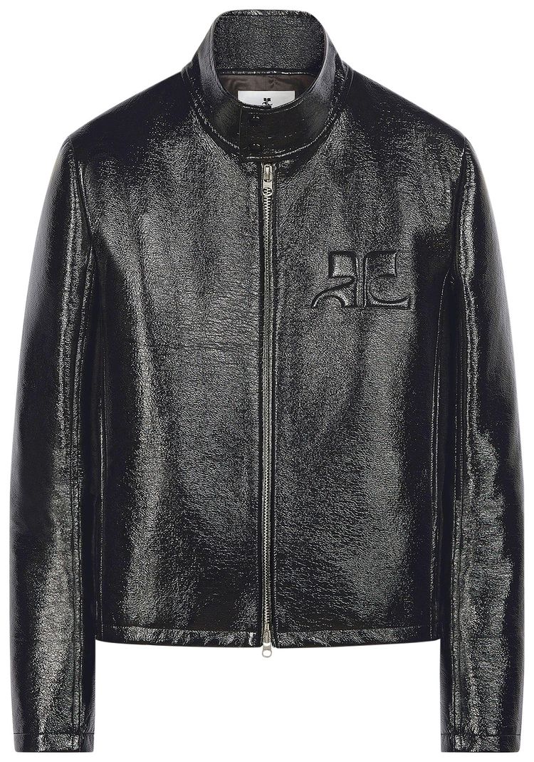 Courreges Logo Embossed Patent Biker Jacket Black