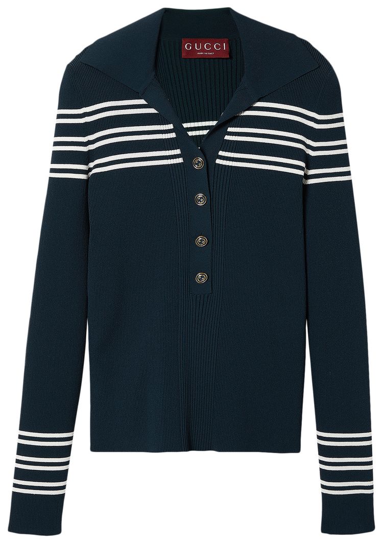 Gucci Stretch Rib Viscose Polo Top BlueIvory