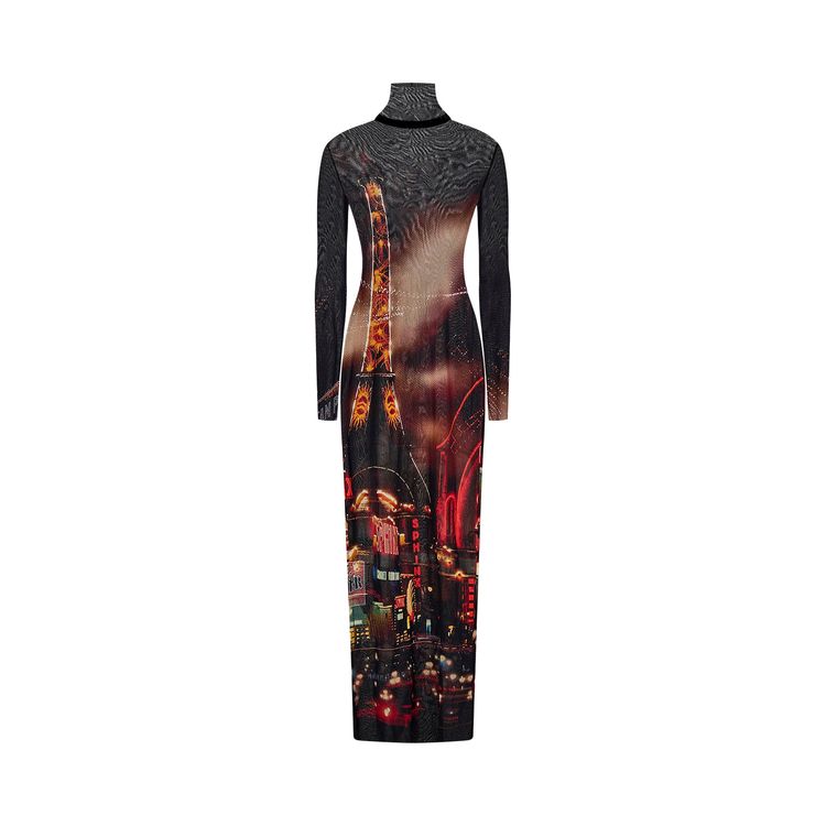 Jean Paul Gaultier Printed Pigalle Turtleneck Mesh Long Dress BlackRedOrangeBlue