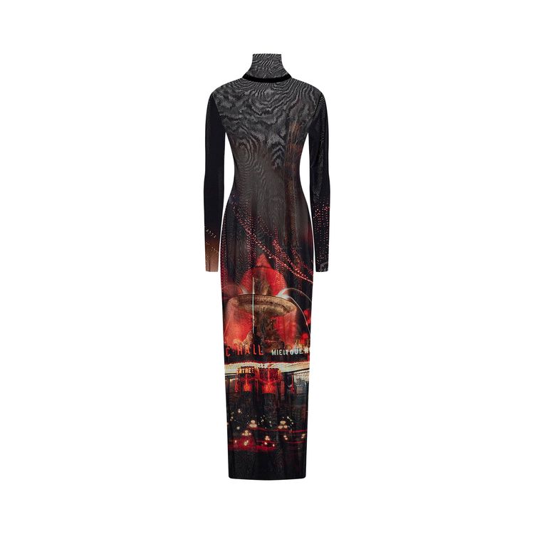 Jean Paul Gaultier Printed Pigalle Turtleneck Mesh Long Dress BlackRedOrangeBlue