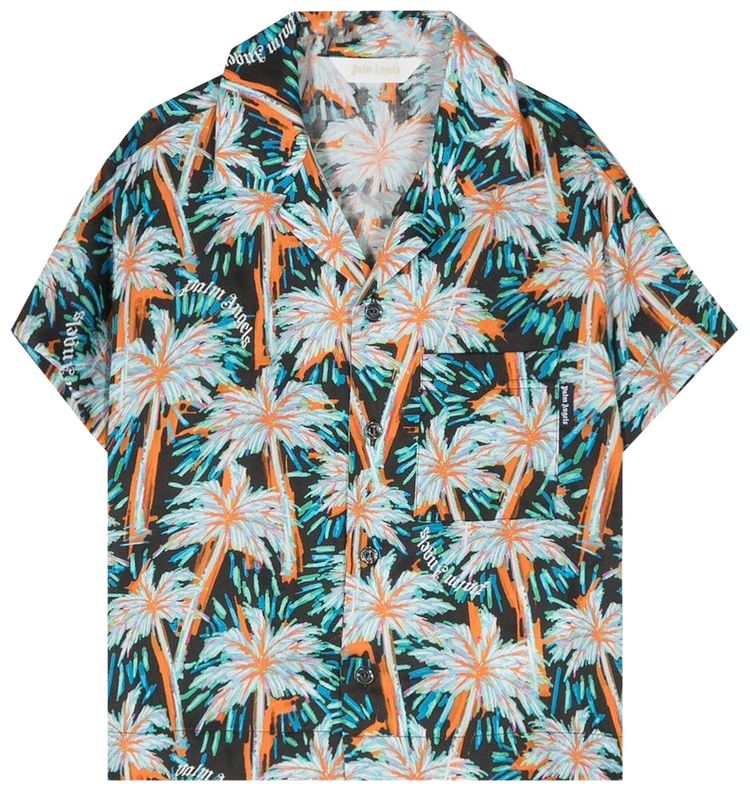 Palm Angels Kids All Over Print Palms Bowling Shirt BlackGreen