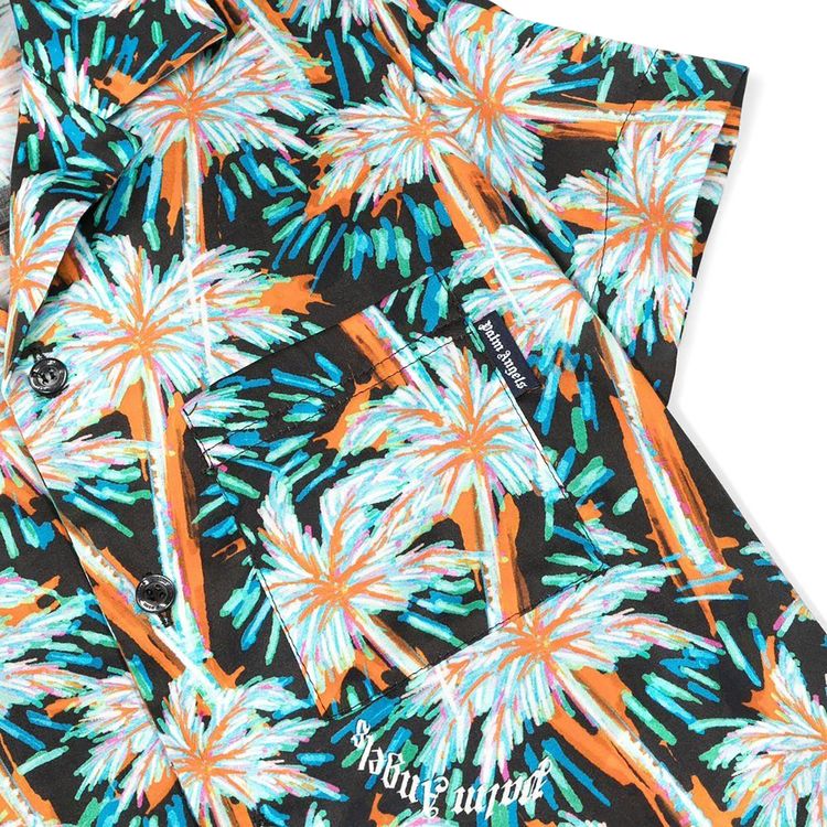 Palm Angels Kids All Over Print Palms Bowling Shirt BlackGreen