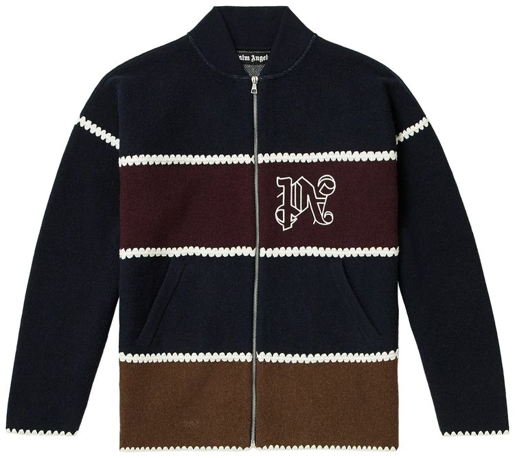 Palm Angels Monogram Striped Knit Jacket Navy Blue