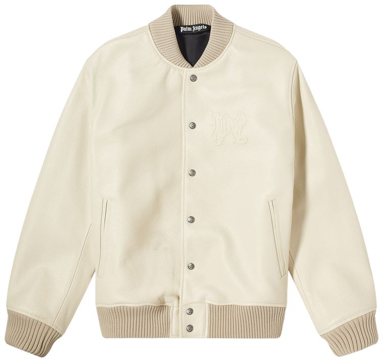 Palm Angels Monogram Leather Bomber Jacket Light Beige