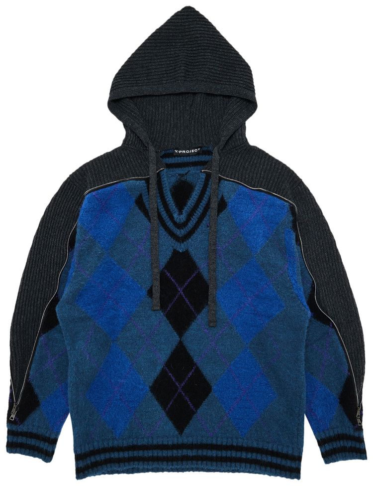 YProject Zip Insert Hood Pullover BlueGrey Argyle