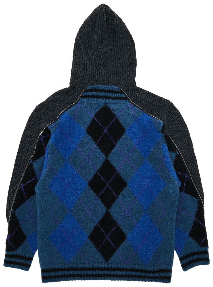 YProject Zip Insert Hood Pullover BlueGrey Argyle