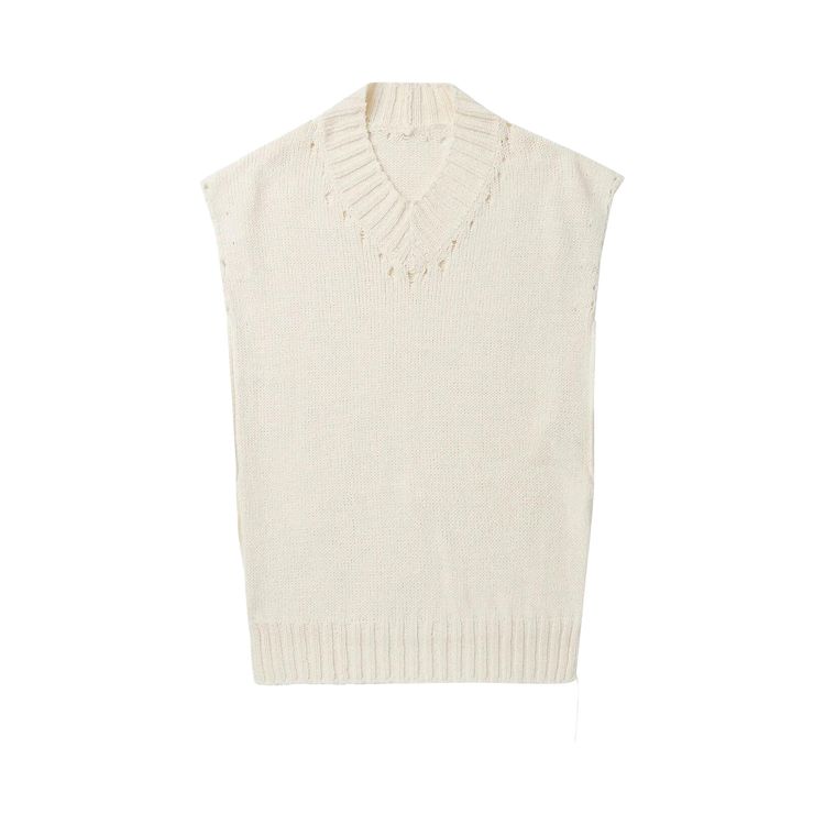 Ys Distressed V Neck Sleeveless Sweater Off White