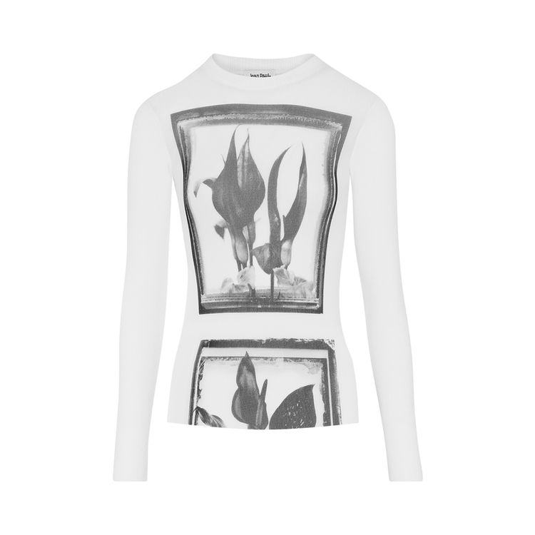 Jean Paul Gaultier Flowers Cadres Mesh Long Sleeve Top WhiteGreyBlack