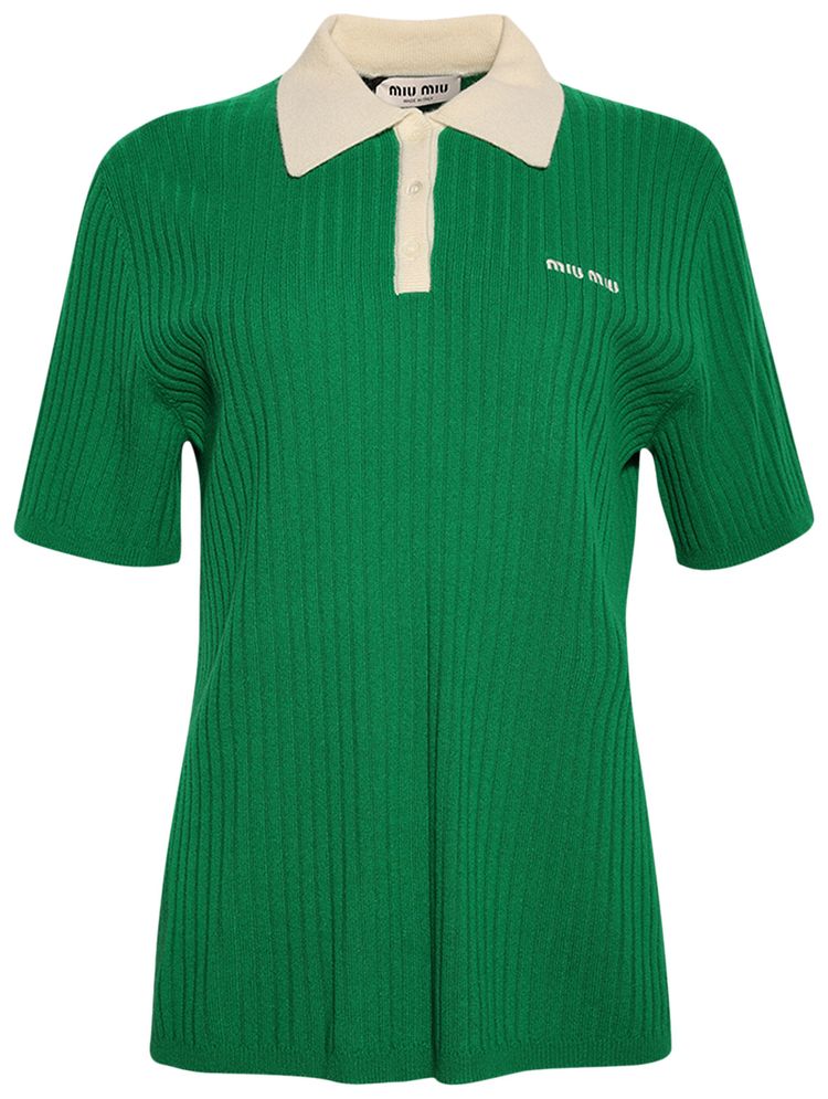 Miu Miu Ribbed Cashmere Polo Shirt Lawn GreenNatural
