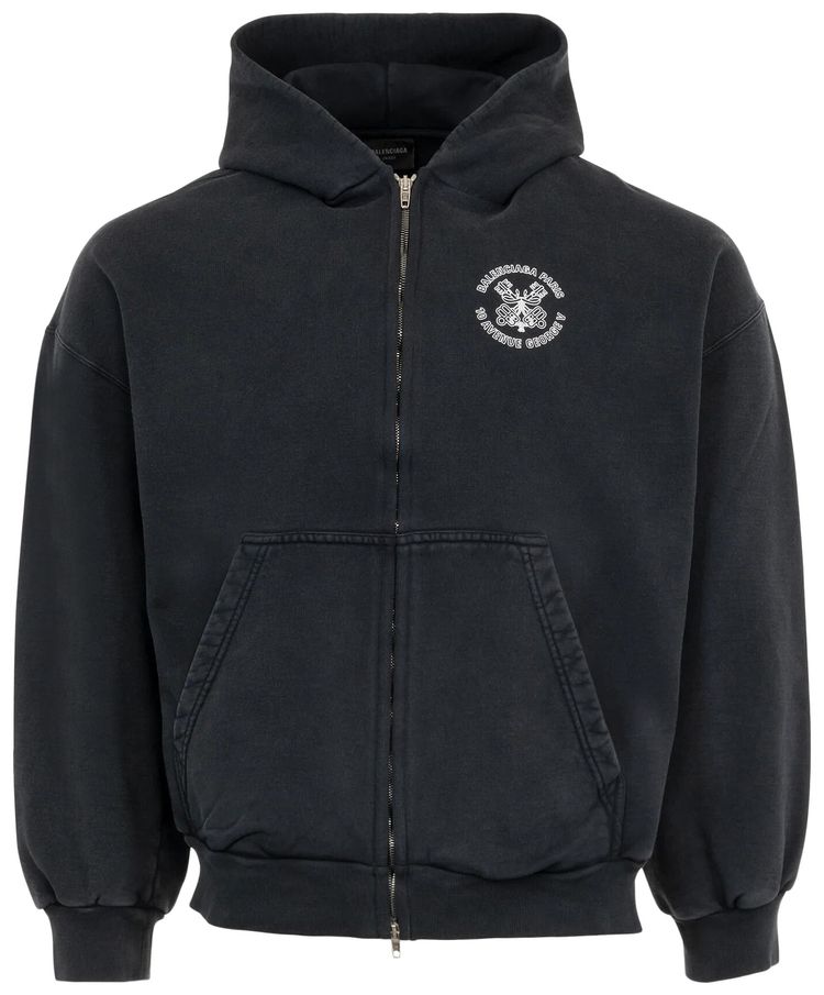 Balenciaga Paris Zip Front Hoodie Faded Washed BlackWhite