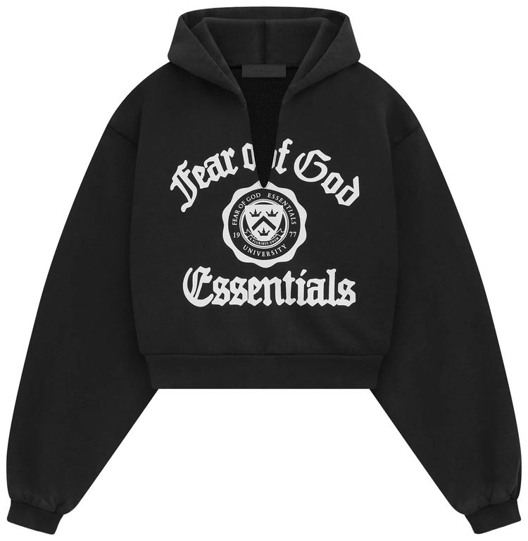 Fear of God Essentials Heavy Fleece Cropped V Neck Hoodie Black