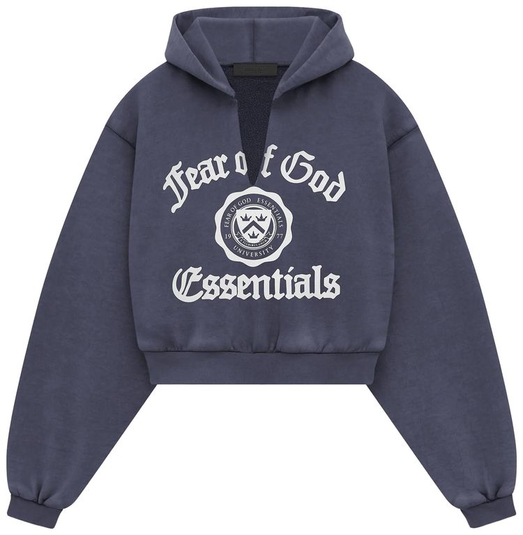 Fear of God Essentials Heavy Fleece Cropped V Neck Hoodie Marine
