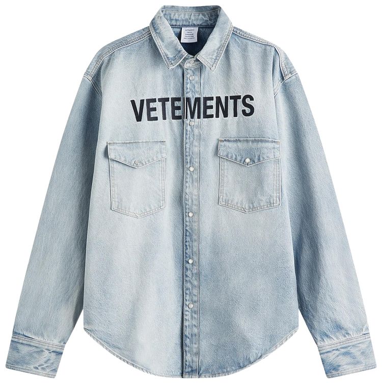 Vetements Logo Embroidered Denim Shirt Light Blue