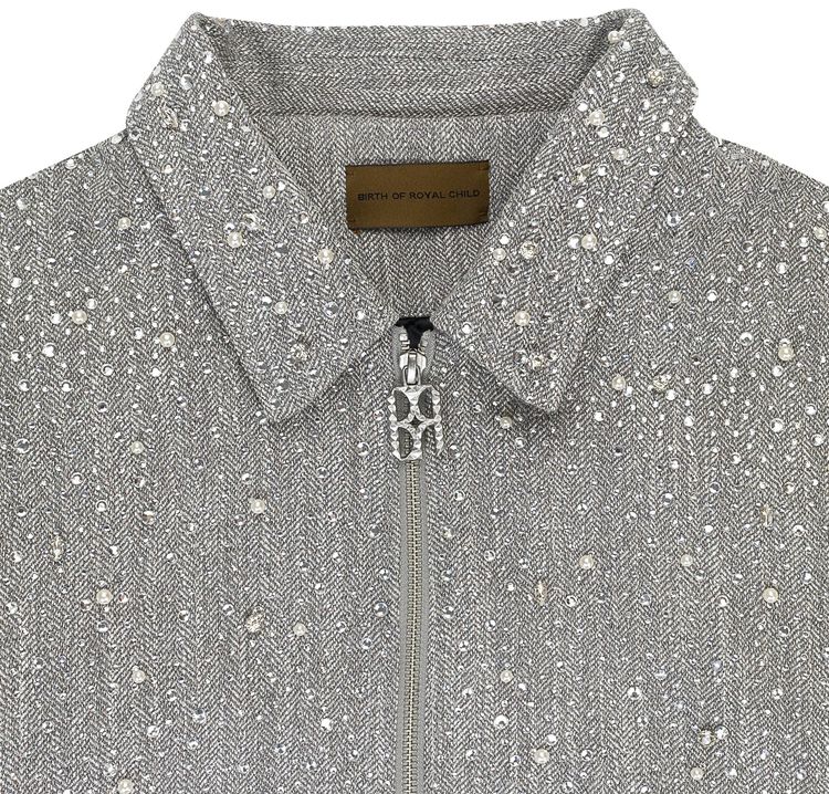 Birth Of Royal Child Rhinestone Zipper Work Jacket Light Grey