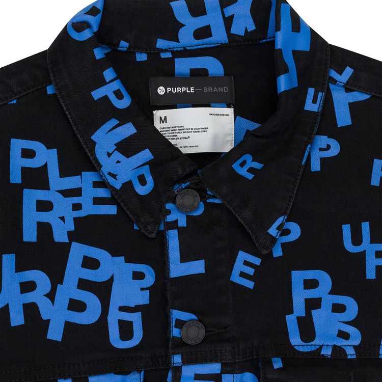 PURPLE BRAND Letters Screen Print Trucker Denim Jacket BlackBlue