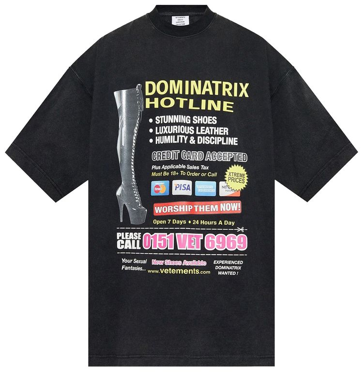 Vetements Dominatrix Hotline Oversized T Shirt Black