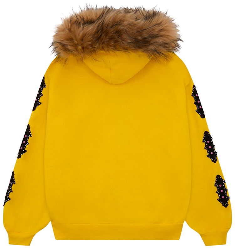 Sp5der Fur Hooded Zip Up Sweatshirt Yellow