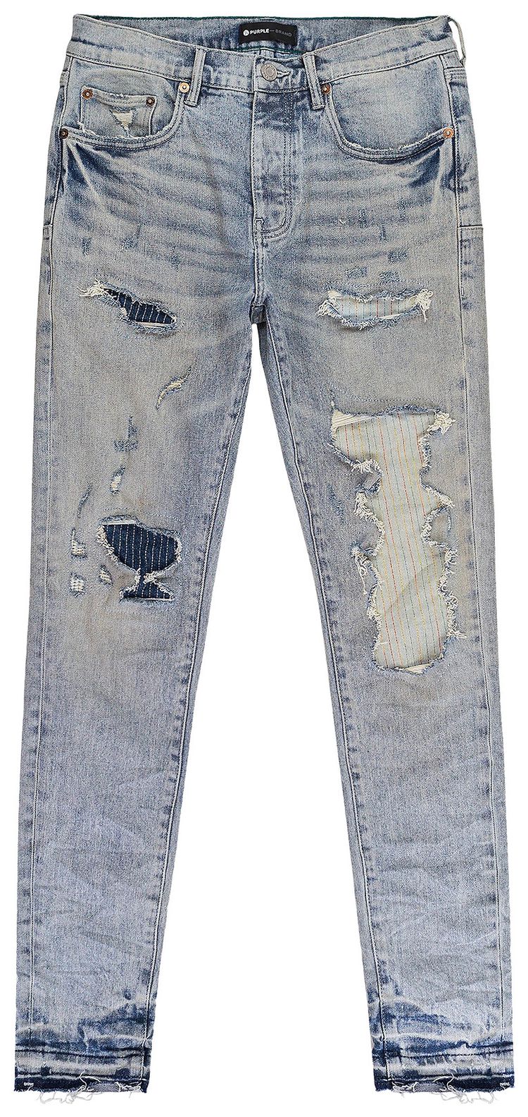 PURPLE BRAND Light Stitch Patch Repair Skinny Jeans Indigo