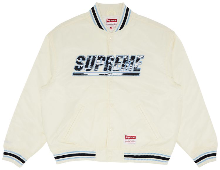 Supreme x Mitchell  Ness Camo Logo Varsity Jacket White