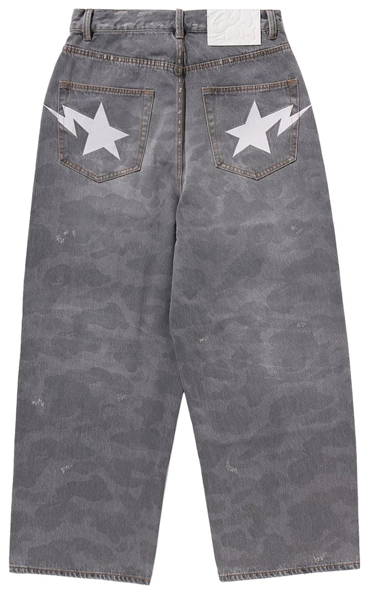 BAPE 1st Camo Destroyed Loose Fit Denim Pants Grey