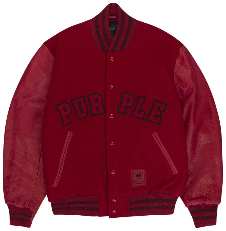 PURPLE BRAND Varsity Logo Melton Bomber Jacket Red