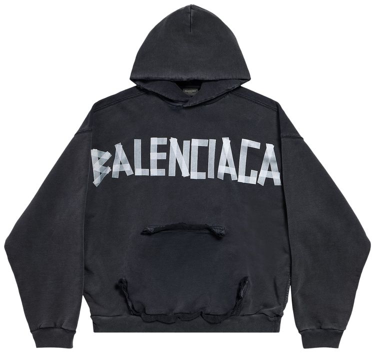 Balenciaga Ripped Pocket Hoodie Faded Washed Black