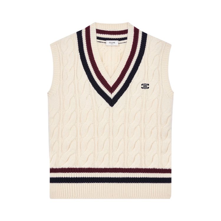 CELINE Triomphe Cashmere V Neck Cable Knit Vest EcruBurgundyNavy