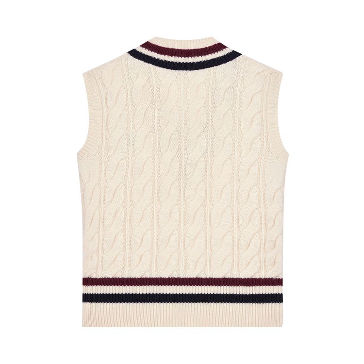 CELINE Triomphe Cashmere V Neck Cable Knit Vest EcruBurgundyNavy