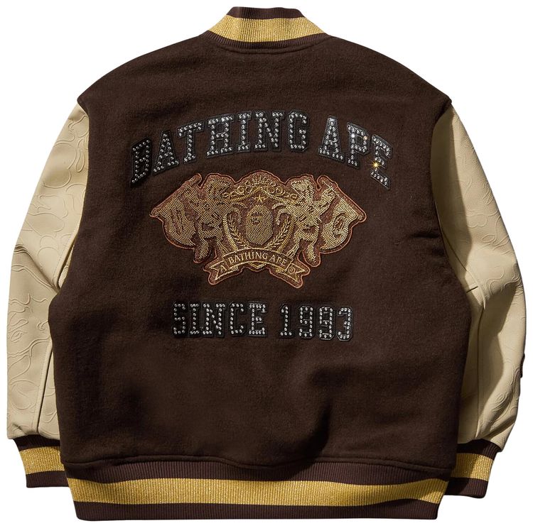 BAPE Line Camo Multi Logo Wool Varsity Jacket Brown