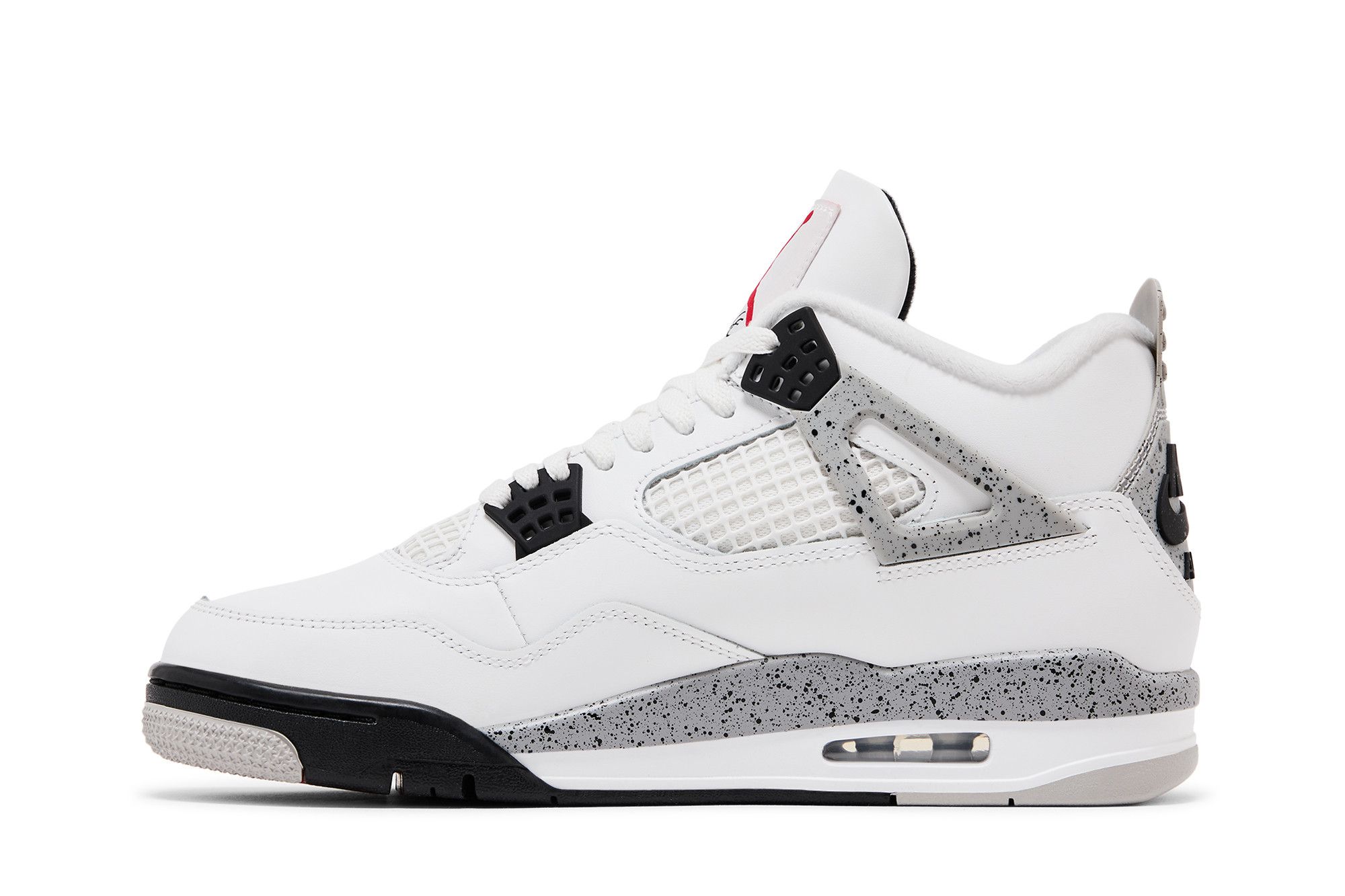 Another lateral perspective of the Air Jordan 4 Retro OG 'White Cement' 2025, capturing the shoe's sleek design and detailing. It displays the side view against a plain background for clarity.