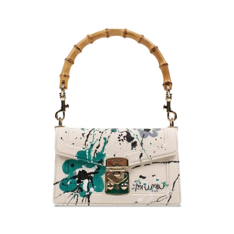 Miu Miu Printed Canvas Bamboo Handle Shoulder Bag White