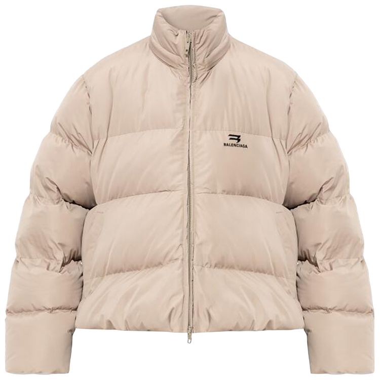 Balenciaga Logo Printed Zip Up Puffer Jacket Beige