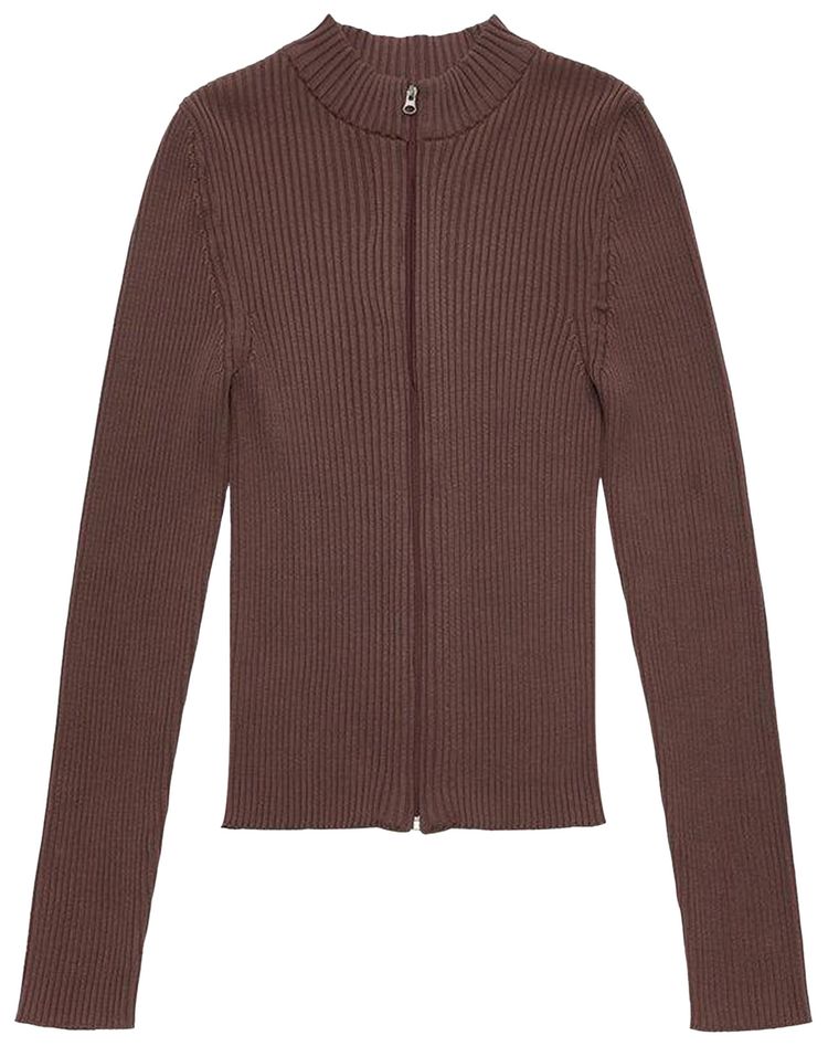 Amomento Ribbed Mock Neck Cardigan Brown