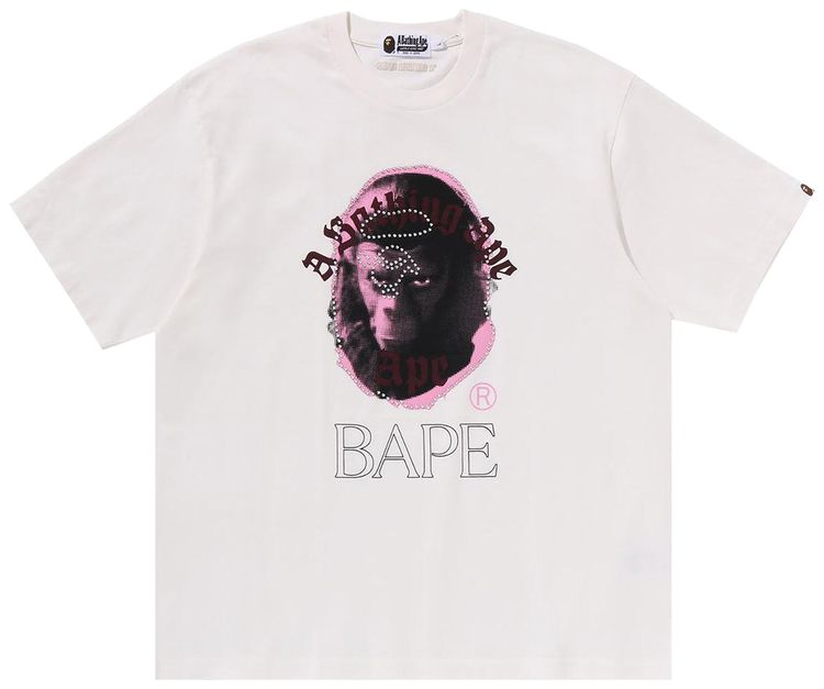 BAPE Garment Dye Rhinestone Ape Head Relaxed Fit Tee Ivory