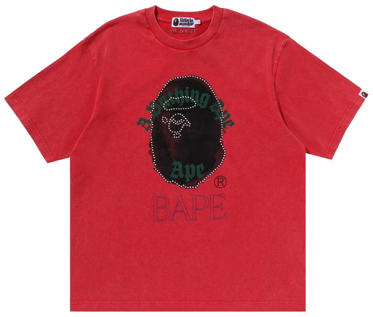 BAPE Garment Dye Rhinestone Ape Head Relaxed Fit Tee Red