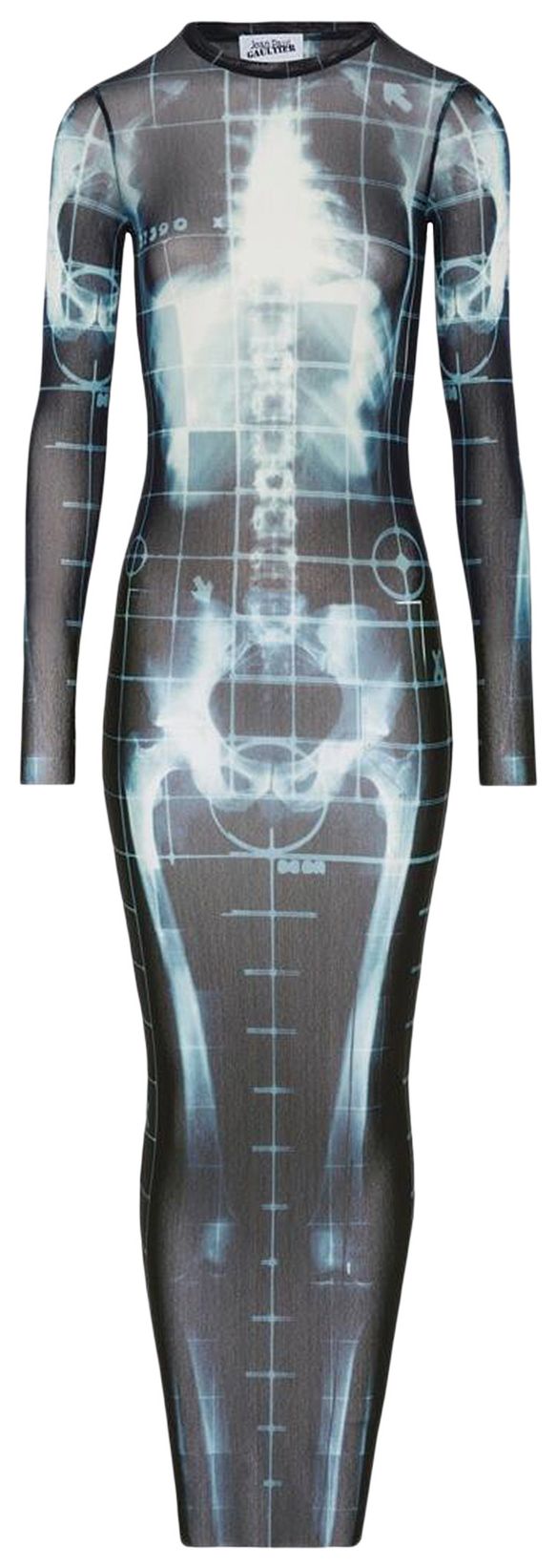 Jean Paul Gaultier Printed Squeletor Mesh Long Dress BlackNavyLightblue